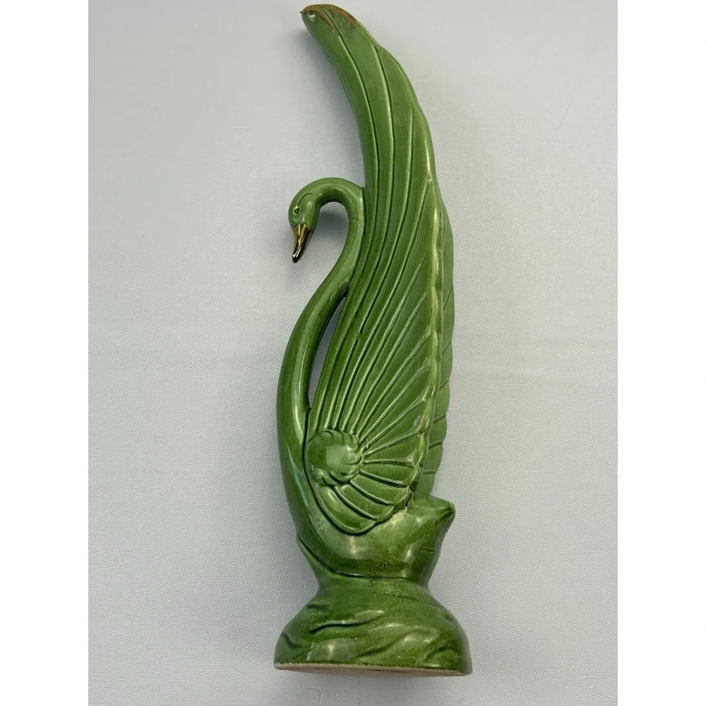 Vintage Japan Green Ceramic Swan Bird Figurine Statue Gold Accent 14